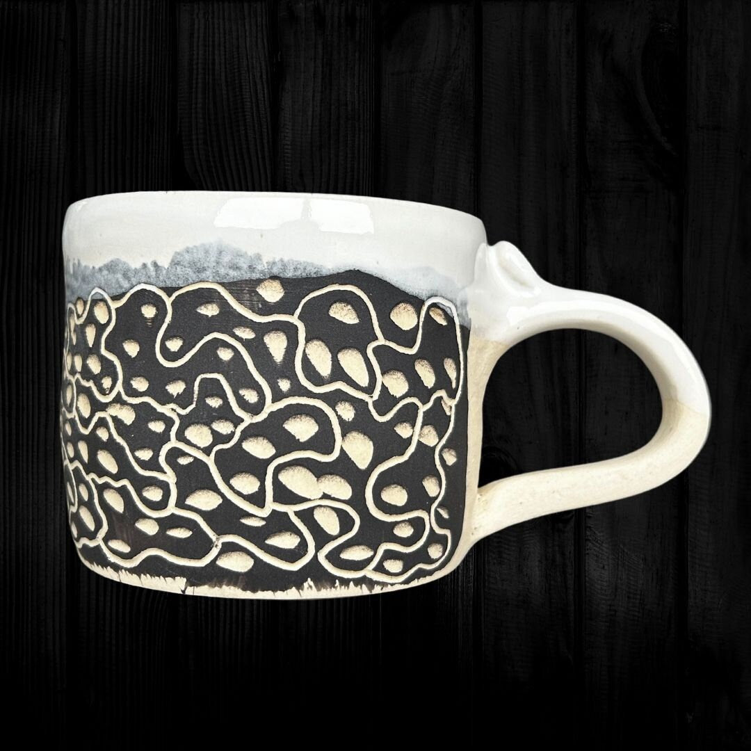 Abstract Handmade Ceramic Mug Unique Cell Design Black and White