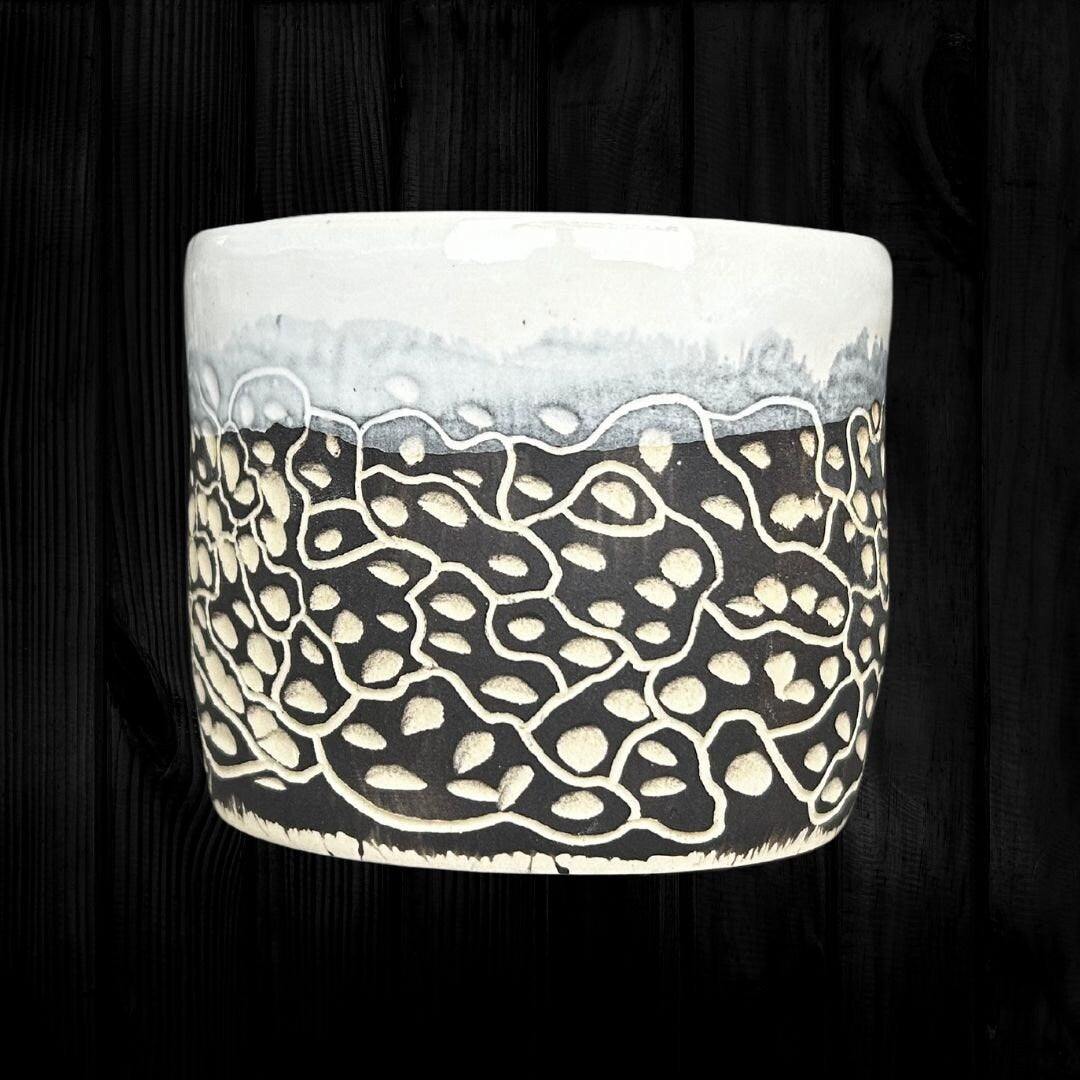 Abstract Handmade Ceramic Mug Unique Cell Design Black and White