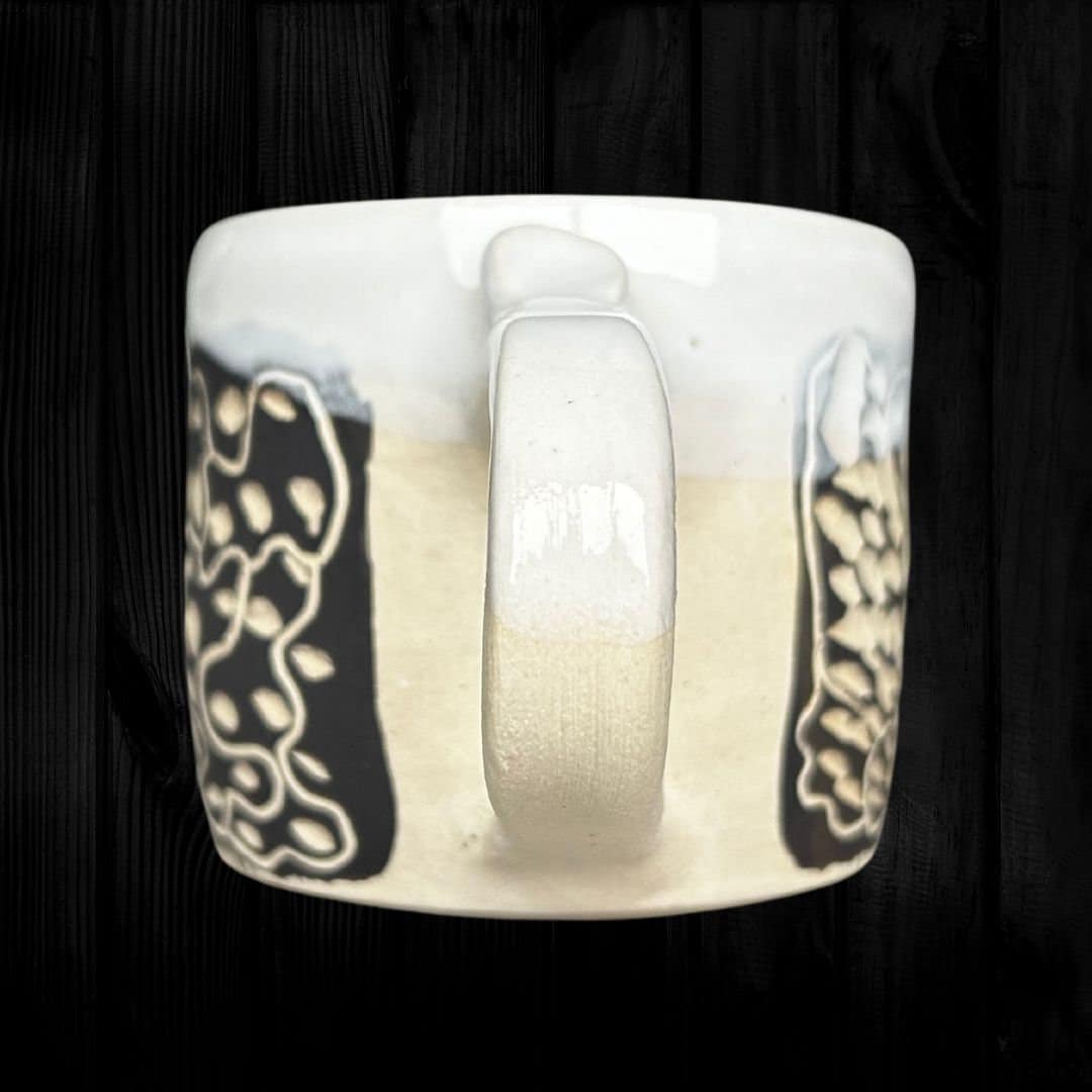 Abstract Handmade Ceramic Mug Unique Cell Design Black and White