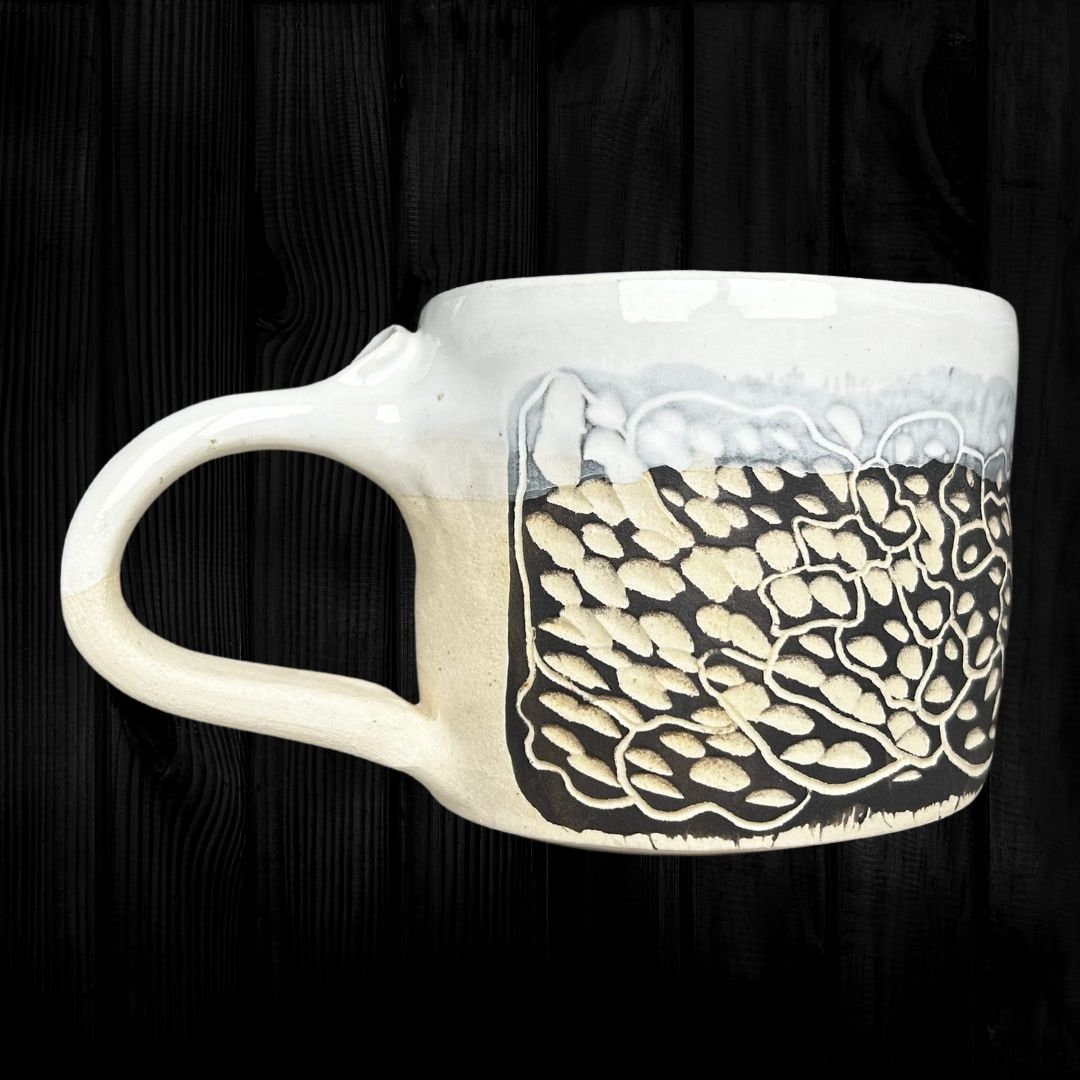 Abstract Handmade Ceramic Mug Unique Cell Design Black and White