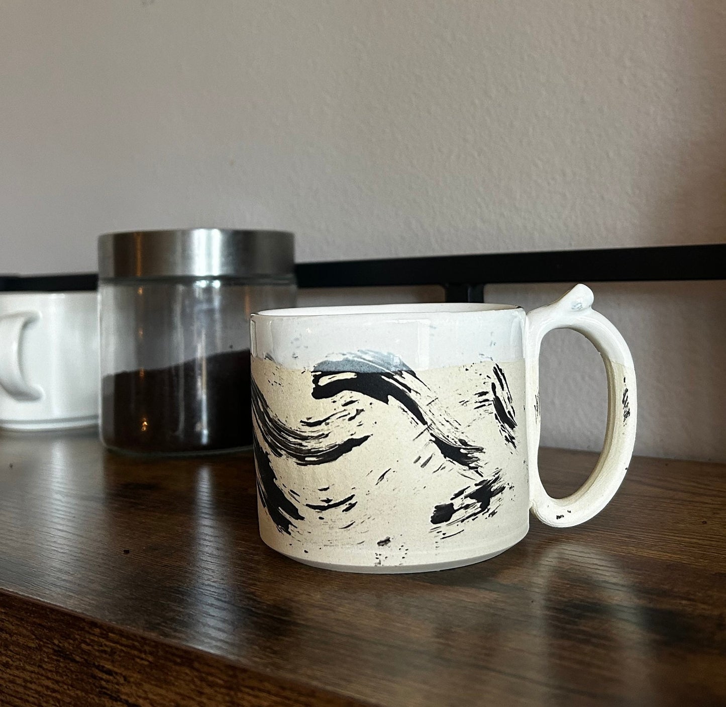 Black and White Ceramic Mug Brushstroke Abstract Design  Handmade Unique Pottery