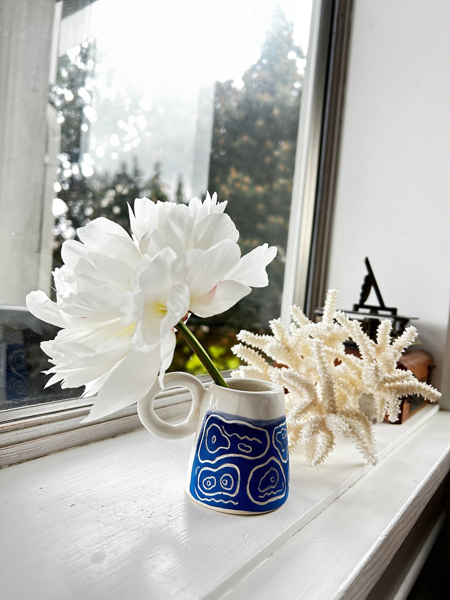 Ceramic Blue and White Mini Vase or Espresso Cup Abstract Design Handmade