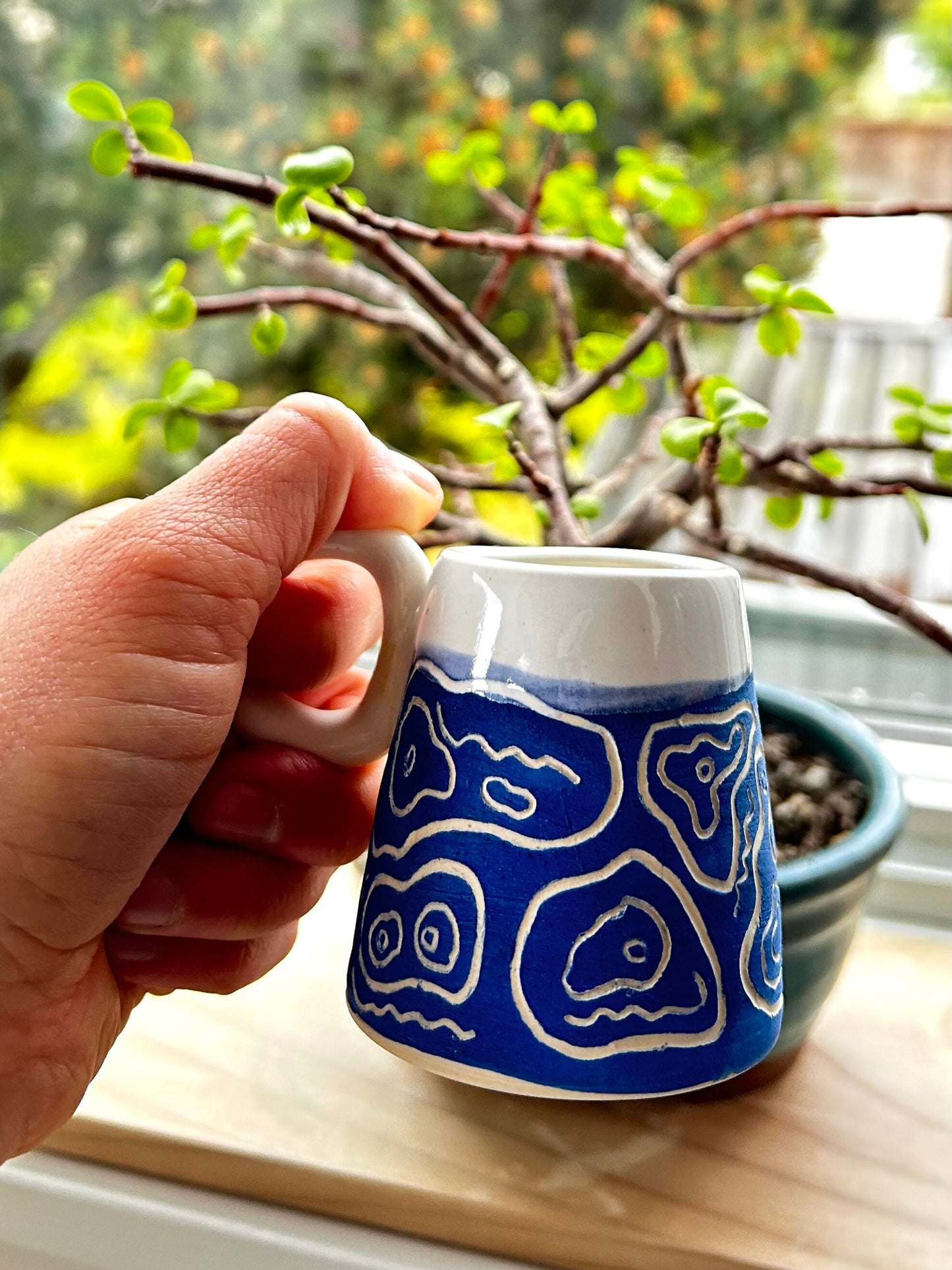 Ceramic Blue and White Mini Vase or Espresso Cup Abstract Design Handmade